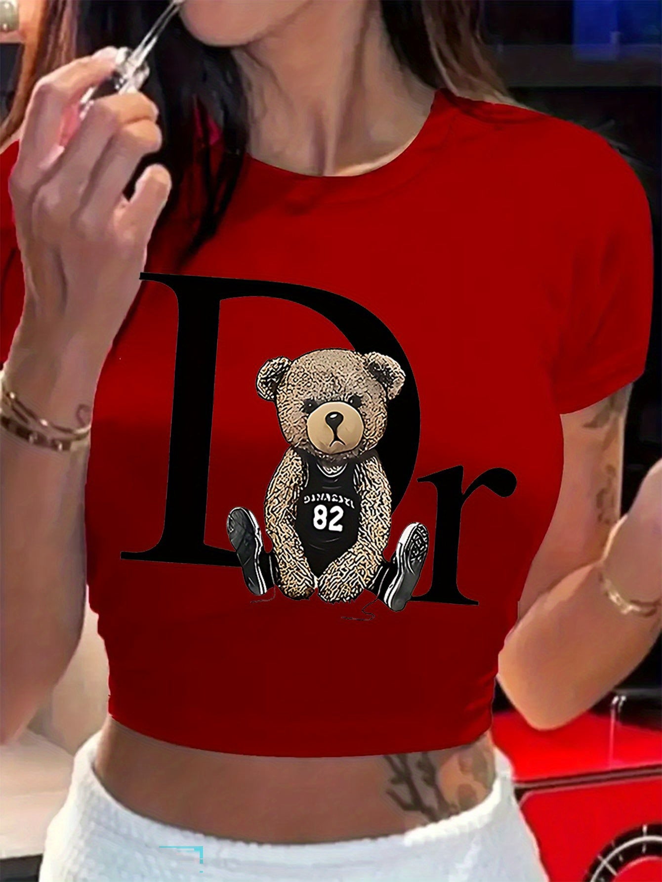 Women's Vibrant Red Bear Graphic Print Crop Top - Soft Polyester Blend Casual Short Sleeve Summer Shirt, Lightweight Fabric, Machine Washable, Casual Attire, Teddy Bear Design, Comfortable Fit